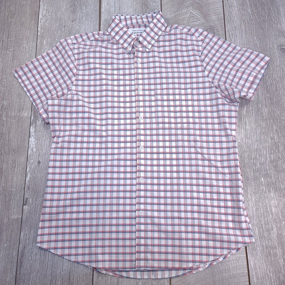 Mizzen+Main Button Down Shirt Mens Medium White Red Blue Plaid Leeward Standard